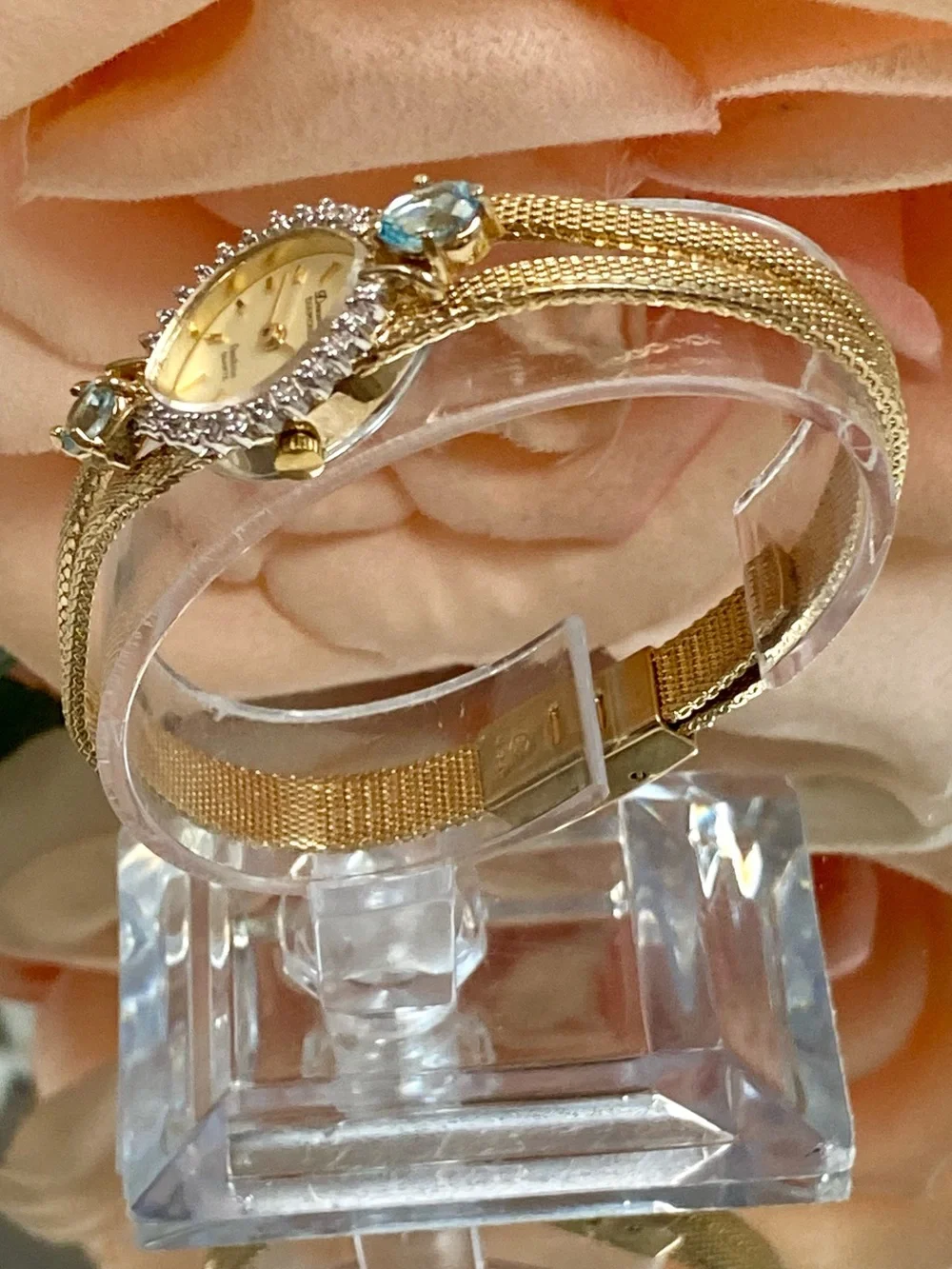 Vintage Deauville Diamond & Blue Topaz Accented Bezel Dainty Cocktail Watch